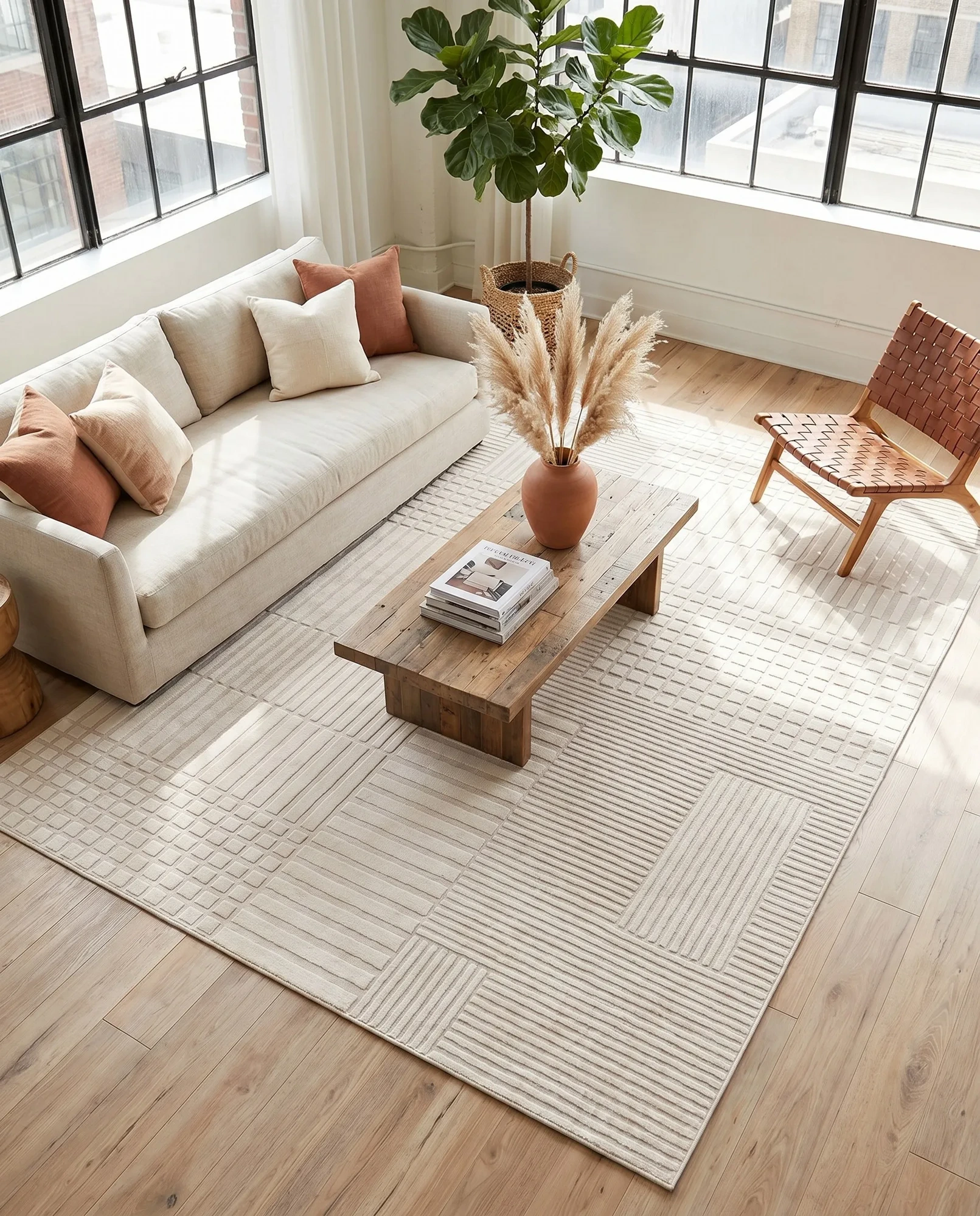 Premium neutral textured area rug styled in a bright, modern GTA loft